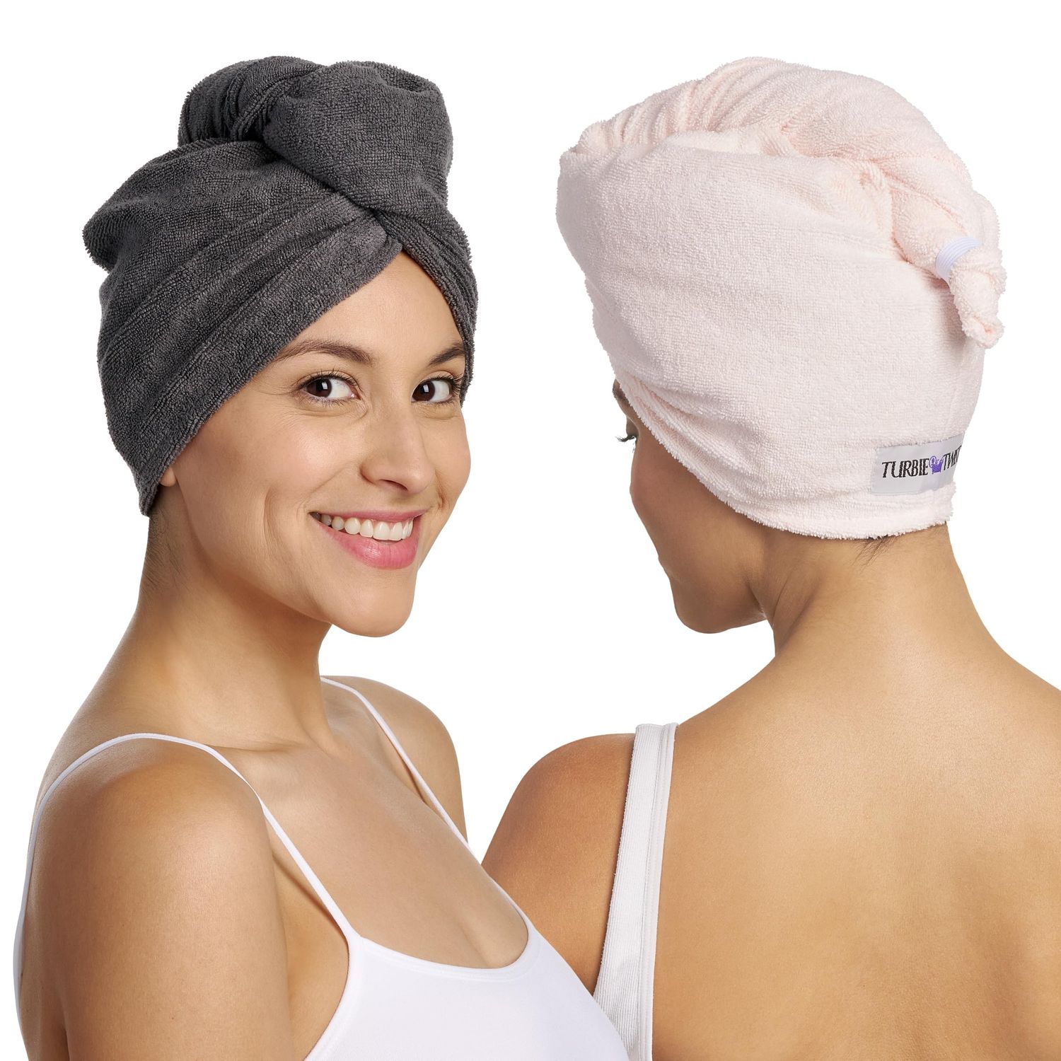 Turbie Twist 2-Pack Microfiber Hair Towel for Beauty, Travel, Gifting - Hair Wrap Turban for Straight, Wavy &amp; Curly Hair - Premium Hair Care - Grey &amp; Light Pink