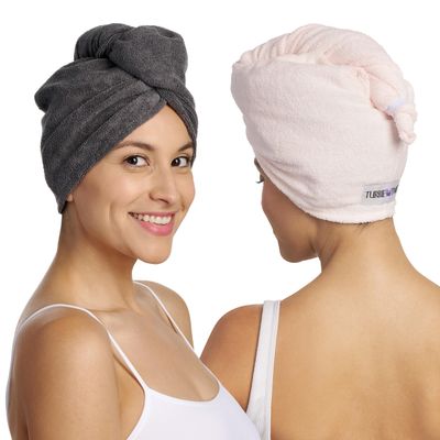 Turbie Twist 2-Pack Microfiber Hair Towel for Beauty, Travel, Gifting - Hair Wrap Turban for Straight, Wavy &amp; Curly Hair - Premium Hair Care - Grey &amp; Light Pink