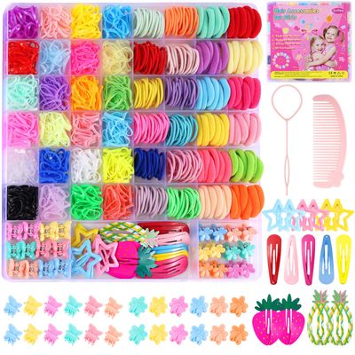 Toddler Hair Accessories for Girls, Colorful Elastic Hair Ties Set with Hair Clips, Funtopia 1246pcs Hair Rubber Bands with Cotton Baby Hair Ties, Mini Hair Clips, Hair Tail Tools for Kids