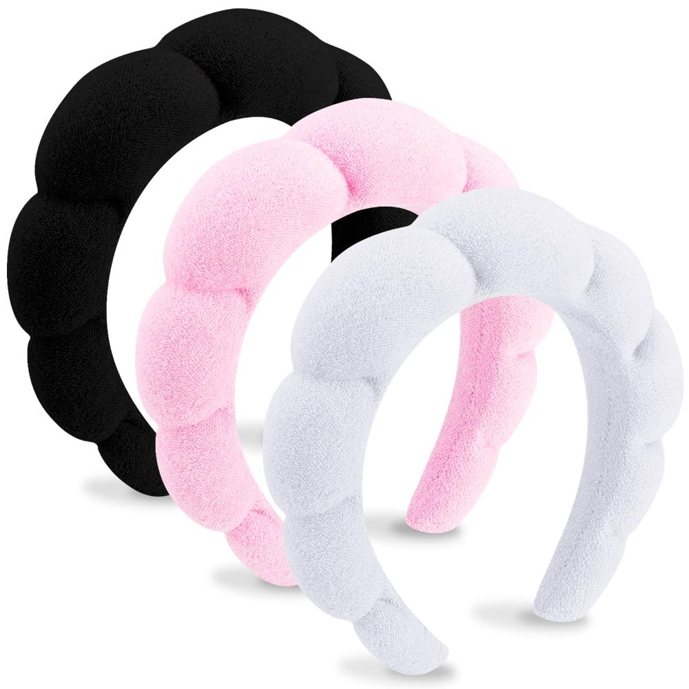 AOPRIE SPA Headbands for Washing Face Makeup Headbands with Bow Hair Band Women Facial Head Band Wrist Towel Wraps For Shower Face Mask Black Pink White, 3 Pack