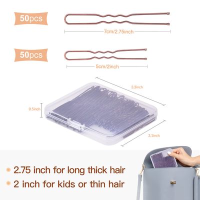 Hair Pins for Women, IKOCO 2inch and 2.75inch U Shaped Bobby Pins with Storage Box, 50Pcs of each size, Brown
