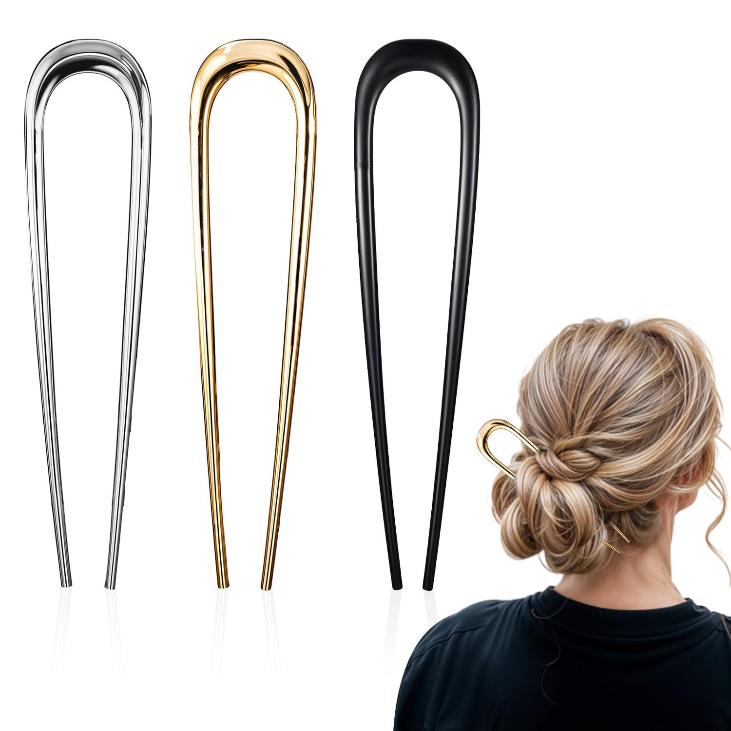 Ouligay 3pcs Metal French Hair Pins for Buns,U Shaped Hair Fork for Thick Hair,U Shaped Hair Pins for Women,French Pins Hair,French Twist Hair Pin,Suitable for Hair Style(Black Gold Silver)