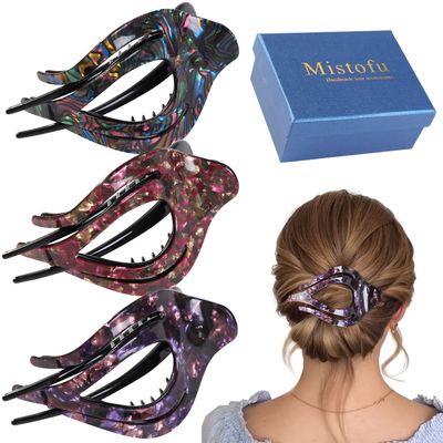 Mistofu 3Pcs French Concord Women&#39;s Hair Claw Clips - Curved Strong Hold No Slip Grip Large Clips for Thick or Thin Hair (multicolor A)