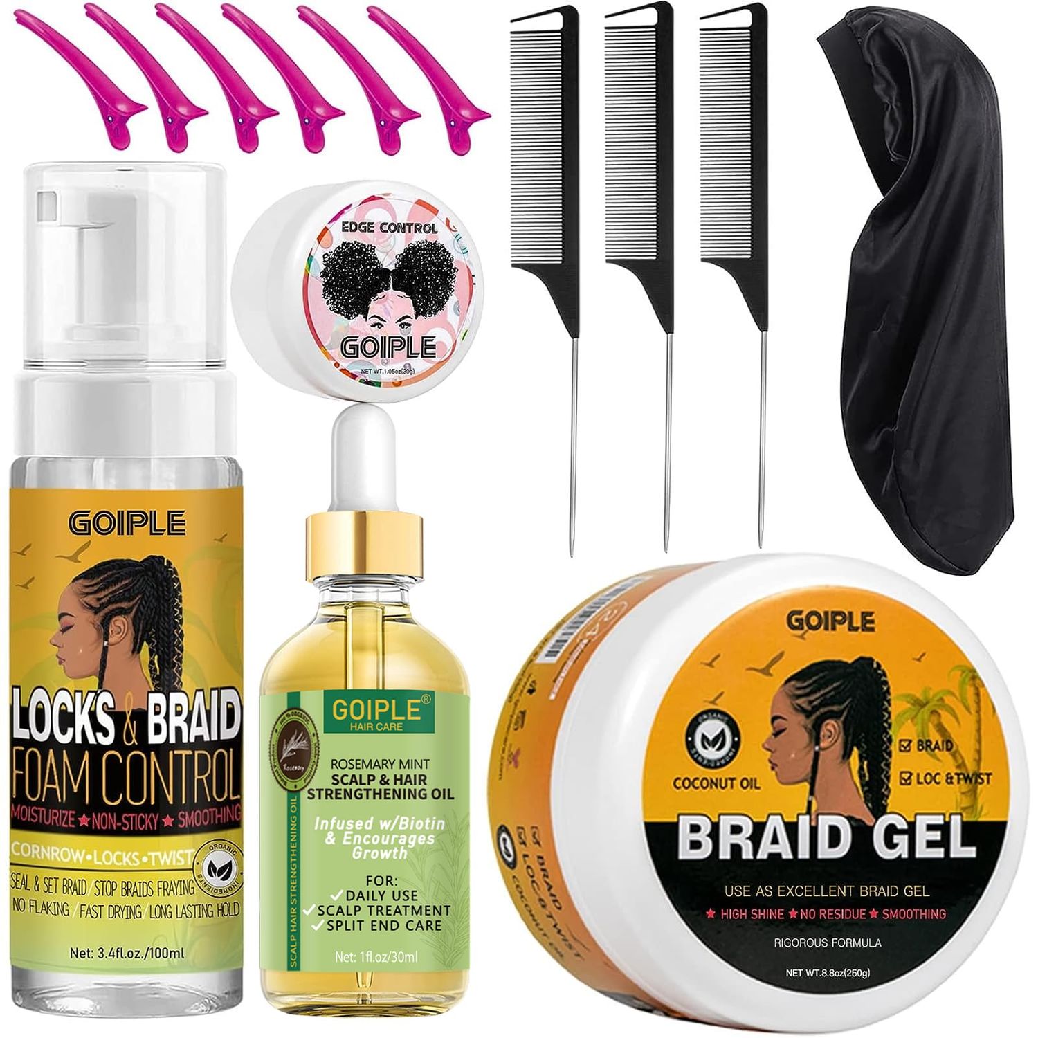 Strong Hold Extra Hold Braiding Gel &amp; Edge Tamer - Tames Frizz, Smoothing Mousse for Twists, Locs, Braids, Cornrows (with Hair Oil, Hair Combs, Bonnet, and Clips)