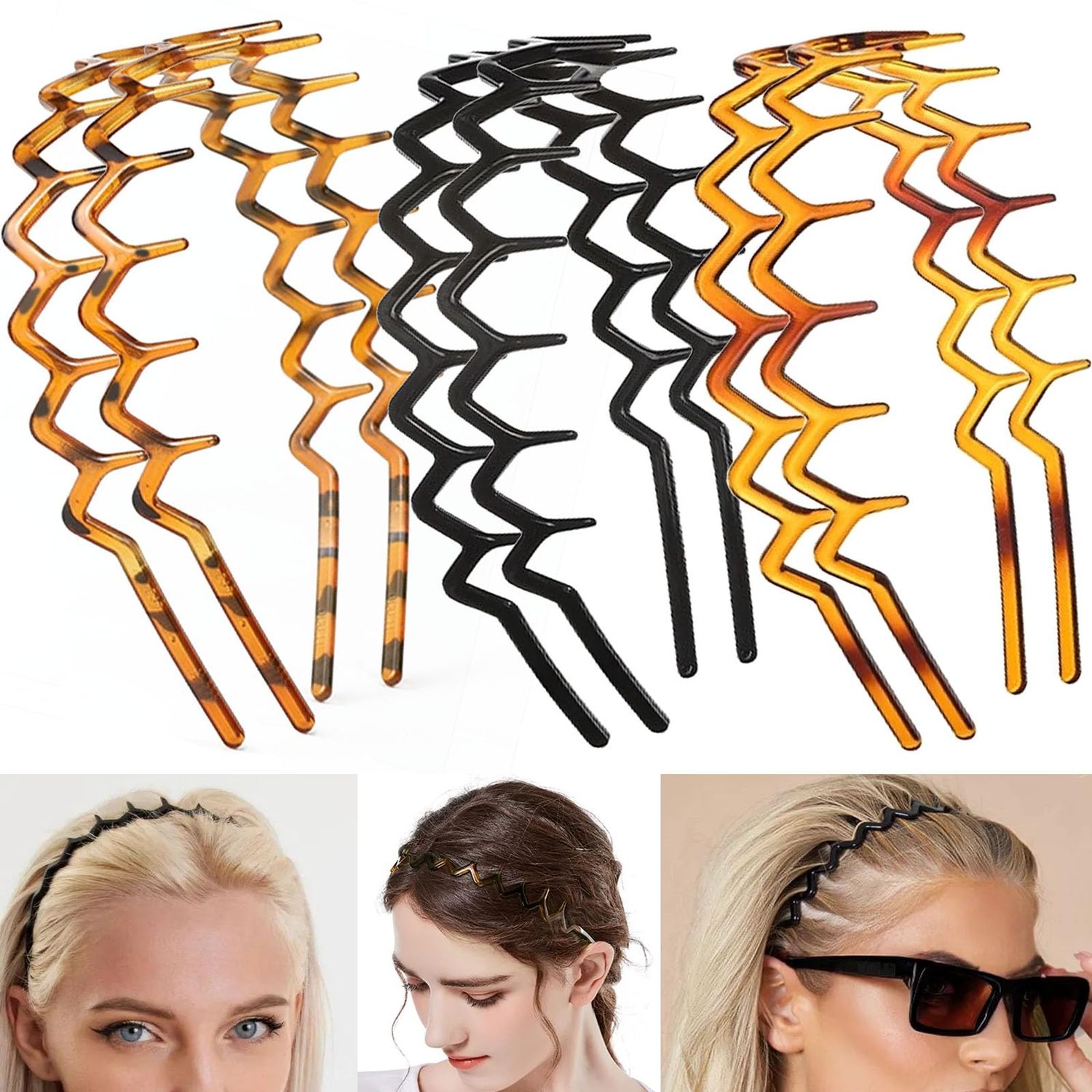 Supgoodom 6 PCS Zig Zag Headbands Plastic Wavy Hair Head Band Comb with Teeth Hoop Accessories for Women Men Girls, Classic Black&amp;Retro Leopard