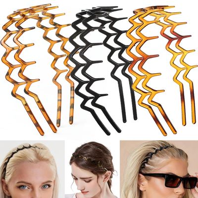 Supgoodom 6 PCS Zig Zag Headbands Plastic Wavy Hair Head Band Comb with Teeth Hoop Accessories for Women Men Girls, Classic Black&amp;Retro Leopard