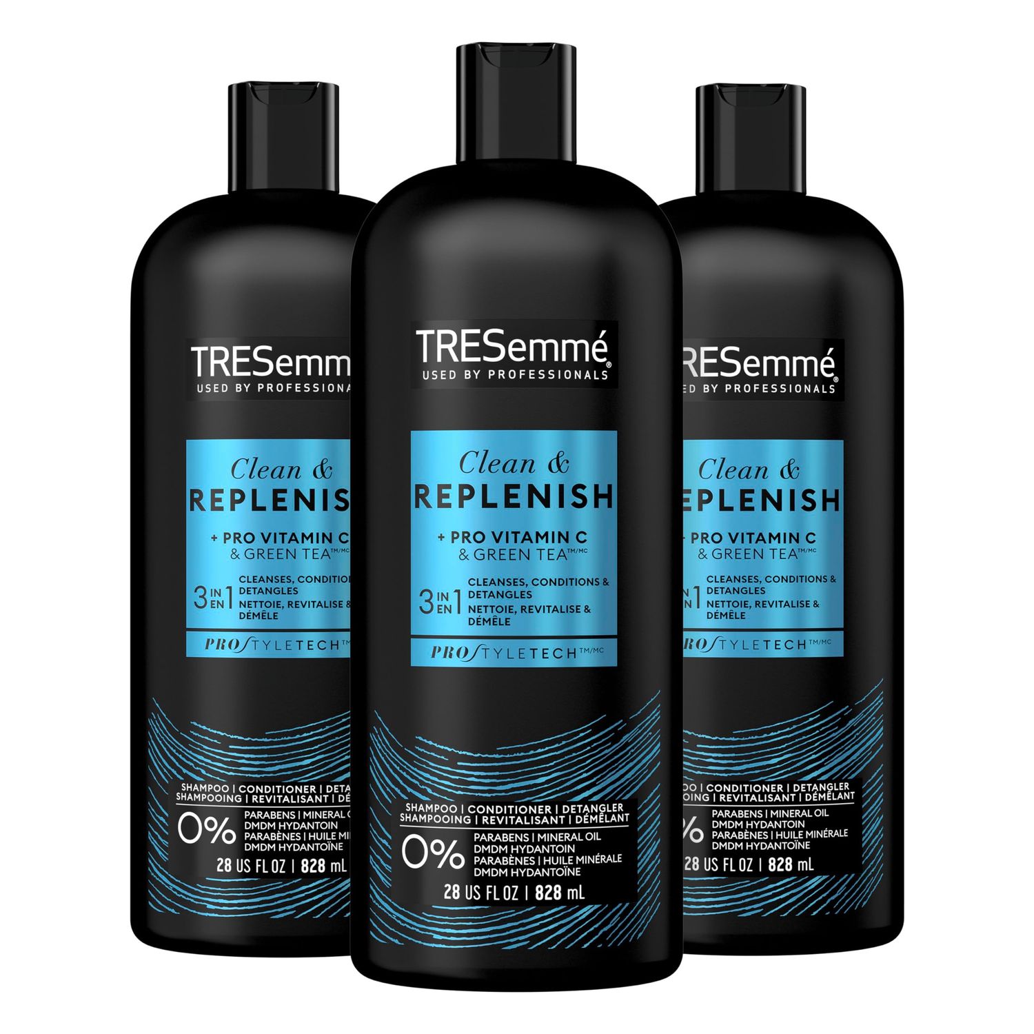 TRESemm 3-in-1 Shampoo, Conditioner, &amp; Detangler Clean &amp; Replenish Pack of 3 to Cleanse, Condition, &amp; Detangle, with Pro Vitamin C &amp; Green Tea, 28 oz