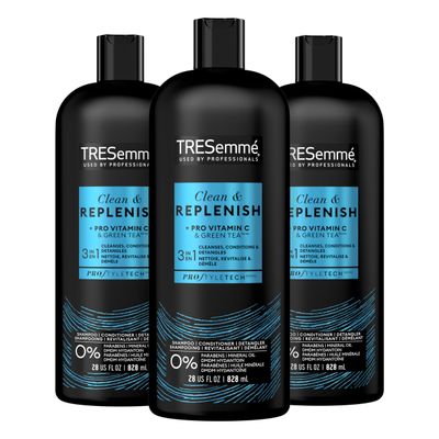 TRESemm 3-in-1 Shampoo, Conditioner, &amp; Detangler Clean &amp; Replenish Pack of 3 to Cleanse, Condition, &amp; Detangle, with Pro Vitamin C &amp; Green Tea, 28 oz