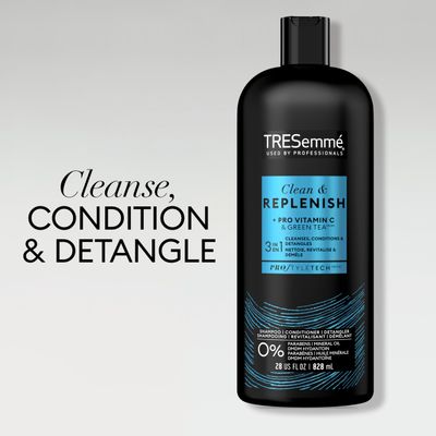 TRESemm 3-in-1 Shampoo, Conditioner, &amp; Detangler Clean &amp; Replenish Pack of 3 to Cleanse, Condition, &amp; Detangle, with Pro Vitamin C &amp; Green Tea, 28 oz