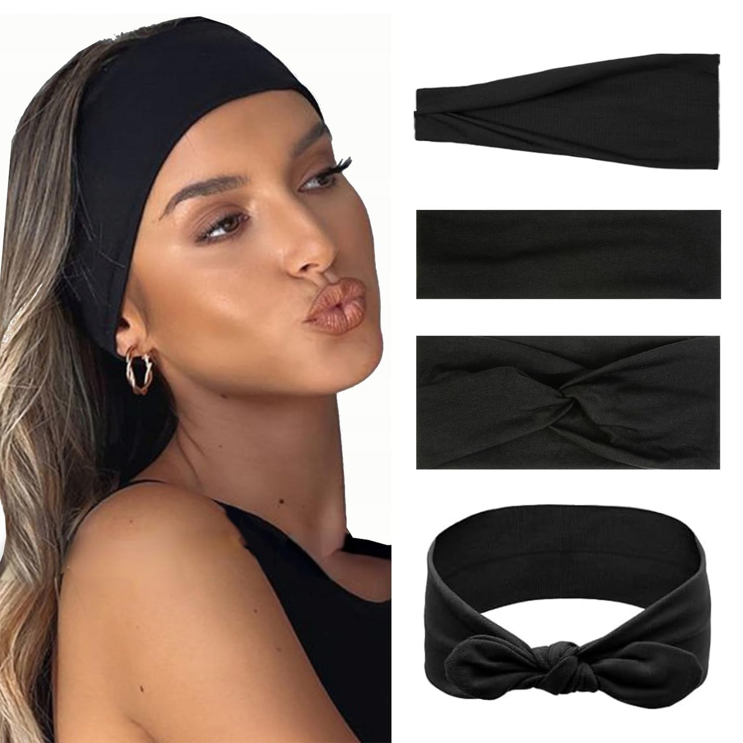 Huachi Black Headbands for Women Non Slip, 4 Packs Elastic Head Bands for Womens Hair, One Set Multi Styles - Fashion Hairband Hair Accessories, Soft Cloth Fabric Workout Gym Yoga Sweat Bands