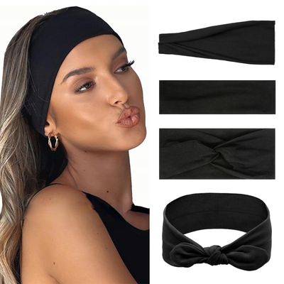 Huachi Black Headbands for Women Non Slip, 4 Packs Elastic Head Bands for Womens Hair, One Set Multi Styles - Fashion Hairband Hair Accessories, Soft Cloth Fabric Workout Gym Yoga Sweat Bands