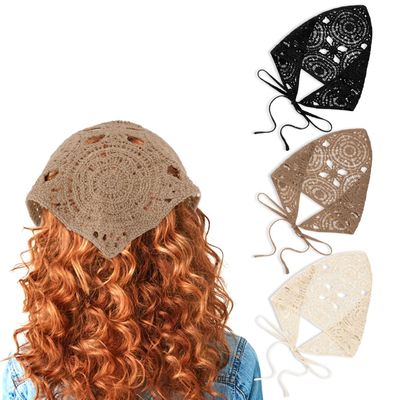 simarro 3PCS Hollow Crochet Bandanas Headbands Hairbands Tie Knitted Headscarf Vintage Hair Bandanas for Women Girls Head Kerchief Styling Decor