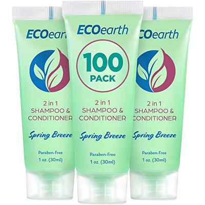 EcoEarth Travel Size Shampoo Conditioner 2-in-1 (1 fl oz, 100 PK, Spring Breeze) Delight Your Guests w/Revitalizing &amp; Refreshing Conditioning Shampoo Amenities, Small Size Hotel Toiletries in Bulk