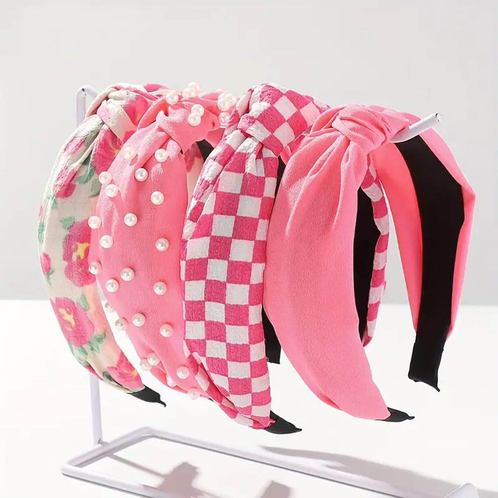 Huachi Hot Pink Headbands for Women Girls, 4 Packs Cute Flower Printed Knotted Head Bands for Women s Hair, Non Slip Fashion Wide Top Knot Women Hairbands, Girls Pink Trendy Stuff Hair Accessories