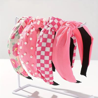 Huachi Hot Pink Headbands for Women Girls, 4 Packs Cute Flower Printed Knotted Head Bands for Women s Hair, Non Slip Fashion Wide Top Knot Women Hairbands, Girls Pink Trendy Stuff Hair Accessories