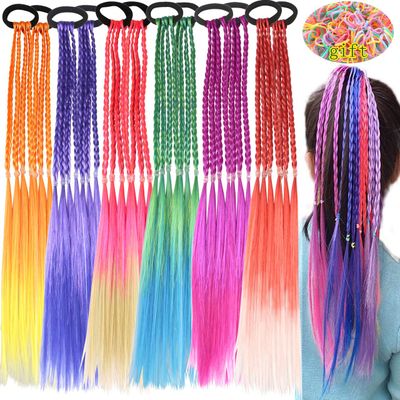 Colored Braids Hair Extensions with Rubber Bands Rainbow Braided Synthetic Hairpieces Ponytail Hair Accessories for Women Kids Girls Party Highlights Cosplay Dress Up (12PCS A Style)