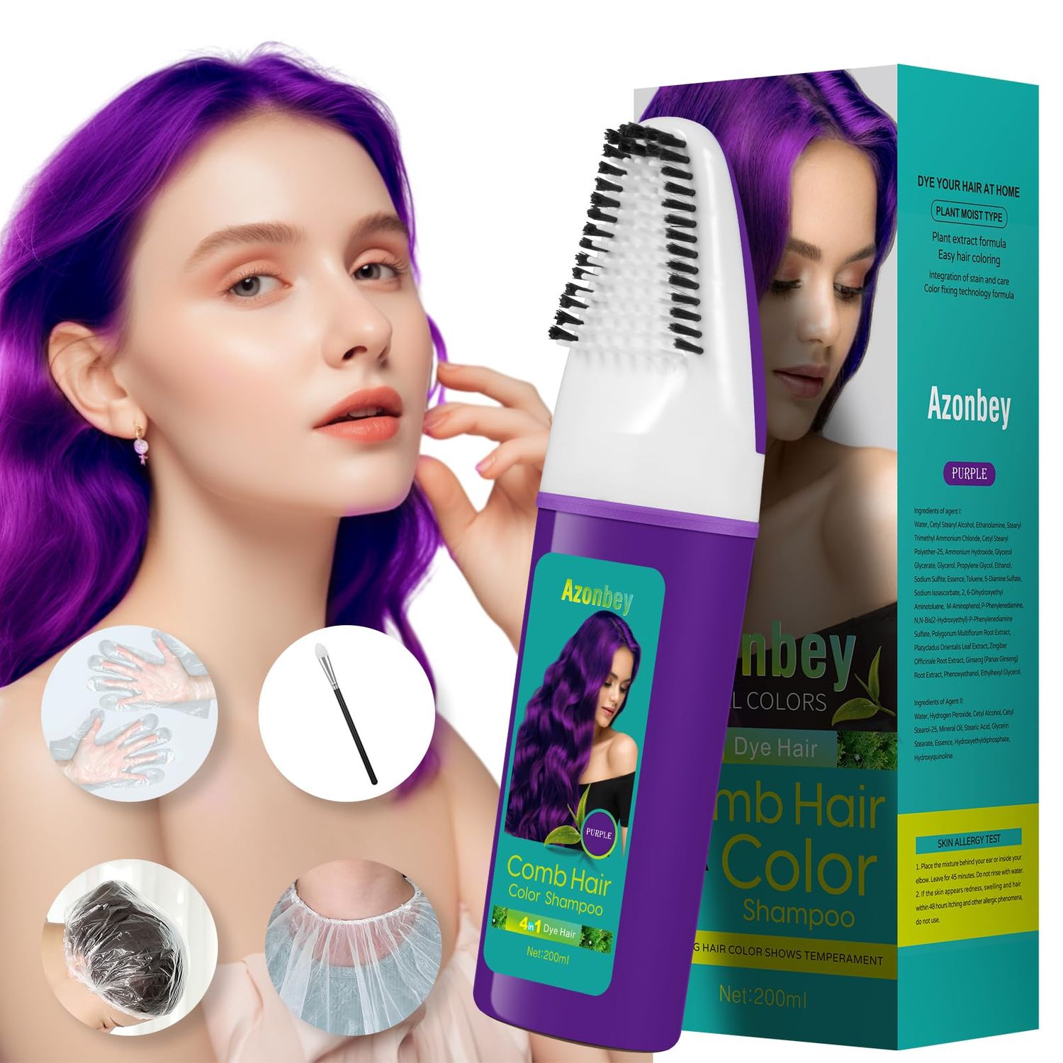 Azonbey Purple Hair Dye Permanent for Gray Hair Coverage, Polar Hair Care, Polar Haircare Instant Dye Shampoo 4 in 1 Semi-Permanent,Champu Para Canas for Women &amp; Men Herbal Natural Plant(Purple)