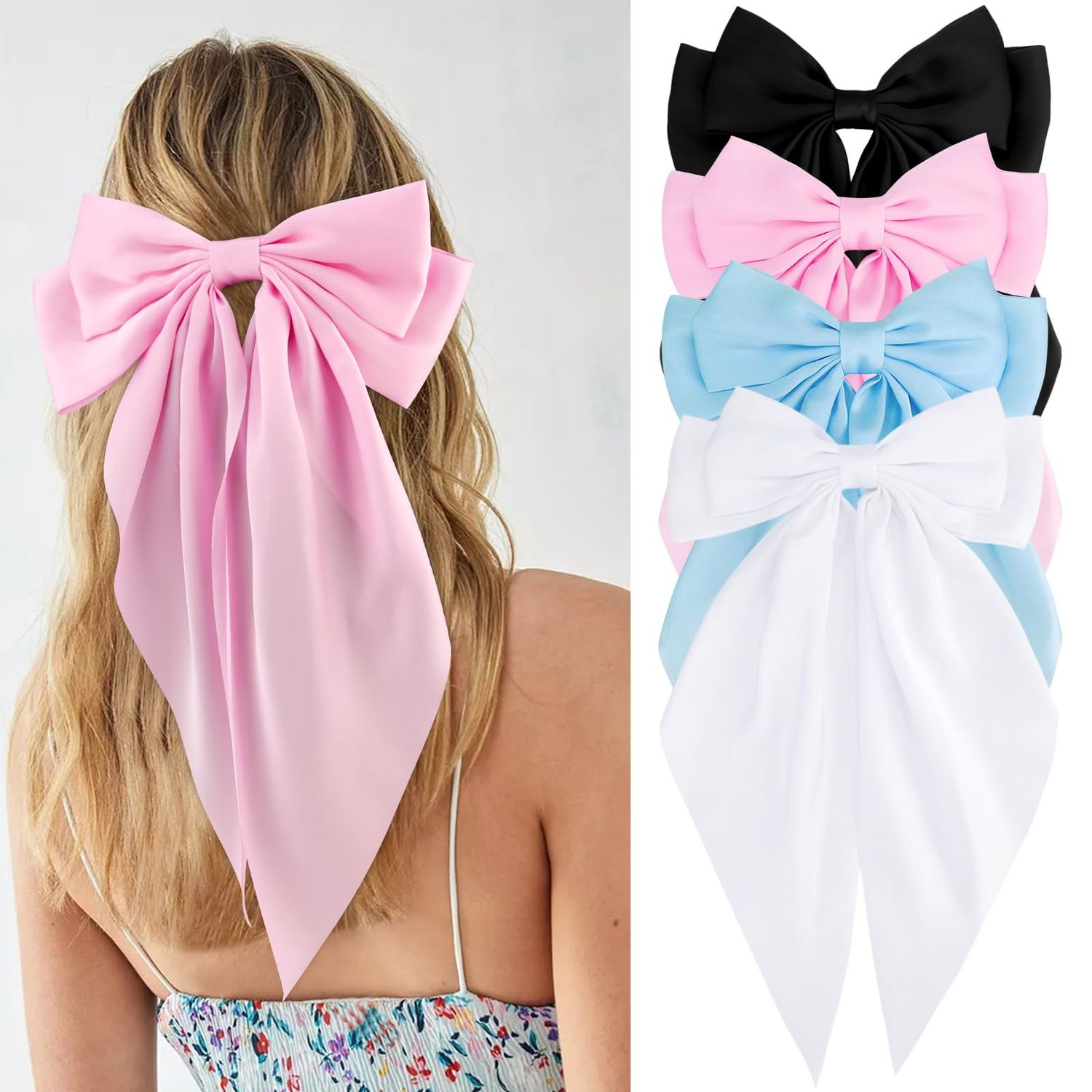 VELSCRUN Women &amp; Girls 4-Piece Silky &amp; Satin Hair Bows - Black, White, Pink, Blue - Large Coquette &amp; Oversized Hair Barrettes &amp; Accessories