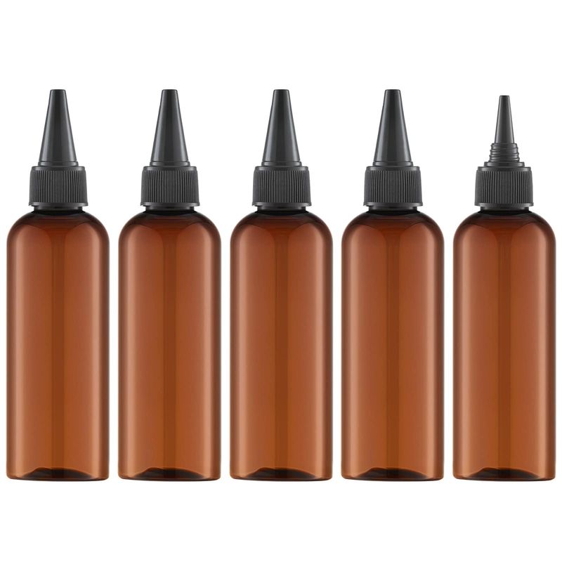 Tekson Hair Color Applicator Bottles, 5 Pack Refillable Squeeze Bottle, Empty Plastic Twist Top Cap Bottles (3.4 OZ, Amber)