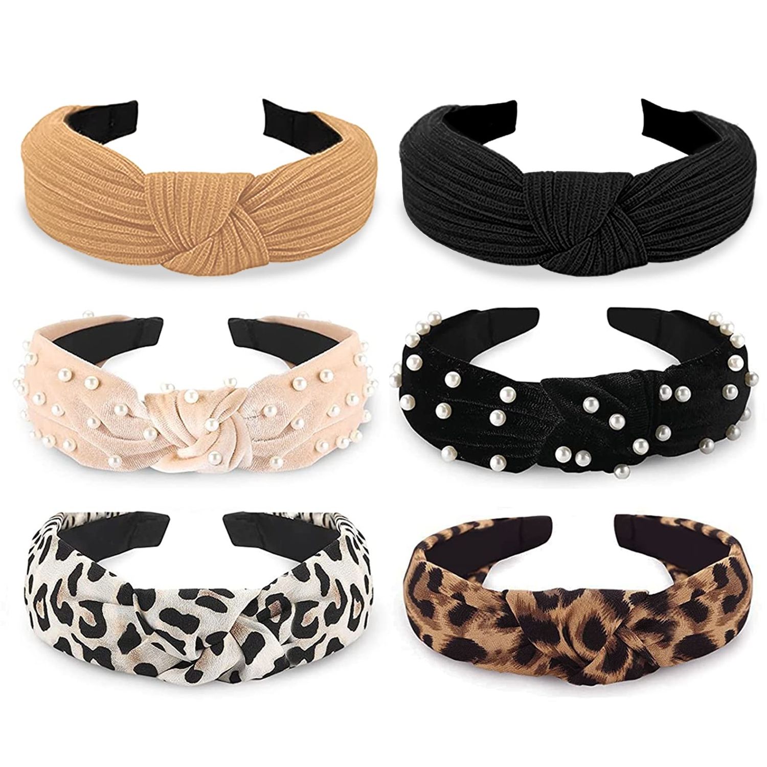WOVOWOVO Headbands for Women Girls Thick Turban Velvet Knotted Headband Wide Pearl, Top Knot Head Bands for Womens Hair Band, 6Pcs