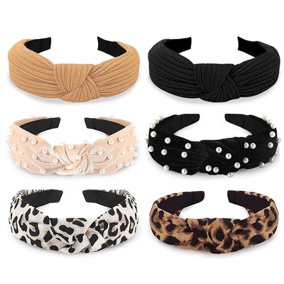 WOVOWOVO Headbands for Women Girls Thick Turban Velvet Knotted Headband Wide Pearl, Top Knot Head Bands for Womens Hair Band, 6Pcs