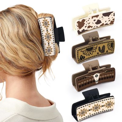Yussti Western Leather Hair Claw Clips Sunflower Floral Square Claw Clips for Hairstyling Southwest Cow Print Cowhide Hair Accessories Large Aesthetic Western Cowgirl Stuff Gift for Women Girls