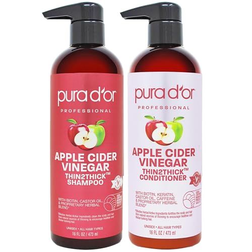 PURA D&#39;OR Apple Cider Vinegar Thin2Thick Set (16oz x 2) ACV Shampoo &amp; Conditioner, Clarifying - Biotin, Keratin, Caffeine, Castor Oil, Aloe - All Hair Types, Men &amp; Women (Packaging may vary)