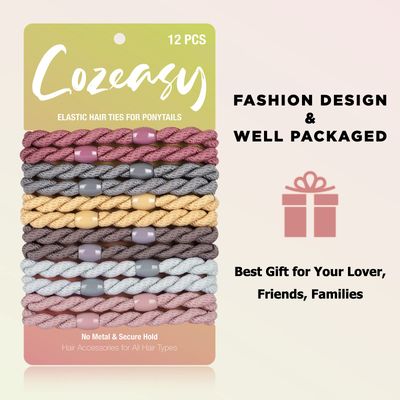 COZEASY 12 pcs Assorted Elastic Hair Ties, No-Metal Gentle Secure Hold Ponytail Holders, No Damage or Snagging Braided Hair Bands, Perfect for Girls and Women with Thick or Curly Hair (Multicolor 17)