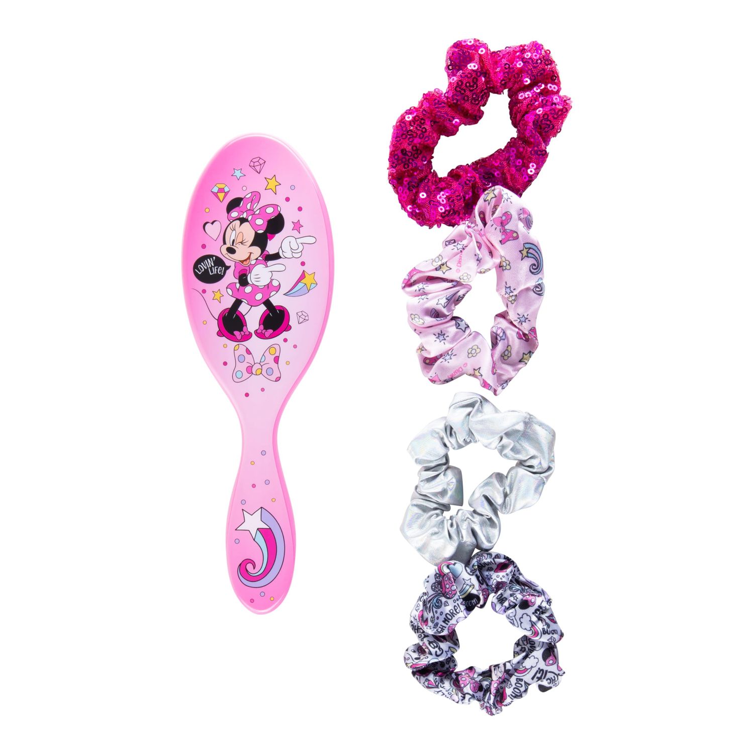 Disney Junior Minnie Mouse Hair Accessory 5 Pcs Set 1 Large Minnie Mouse Hair Brush For Girls + 4 Minnie Scrunchies For Kids Hair Accessories For Girls Pink Detangling Brush Elastic Hair Ties