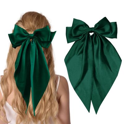Large Satin Bow Barrettes Clips Green Hair Bows for Girls Hair Accessories Gifts for Women Big Bow Hair Clips for Christmas with Bowknot Barrettes With Metal Clips?green?