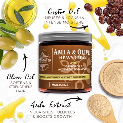 Qhemet Biologics Amla & Olive Heavy Cream - Moisturizing Balm for Extremely Dry & 4C Hair - Adds Soft, Supple Moisture & Hydration to Afros, Coils, Curls, Puffs, Twists, Braids, Locs & More (8.9 oz)