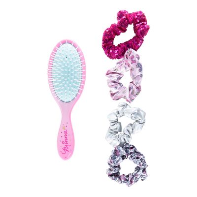 Disney Junior Minnie Mouse Hair Accessory 5 Pcs Set 1 Large Minnie Mouse Hair Brush For Girls + 4 Minnie Scrunchies For Kids Hair Accessories For Girls Pink Detangling Brush Elastic Hair Ties