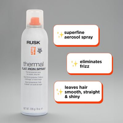 RUSK Designer Collection Thermal Flat Iron Spray with Argan Oil, Micro-Fine Spray, Eliminates Frizz, Leaves Hair Smooth and Sleek, 8 fl. oz.