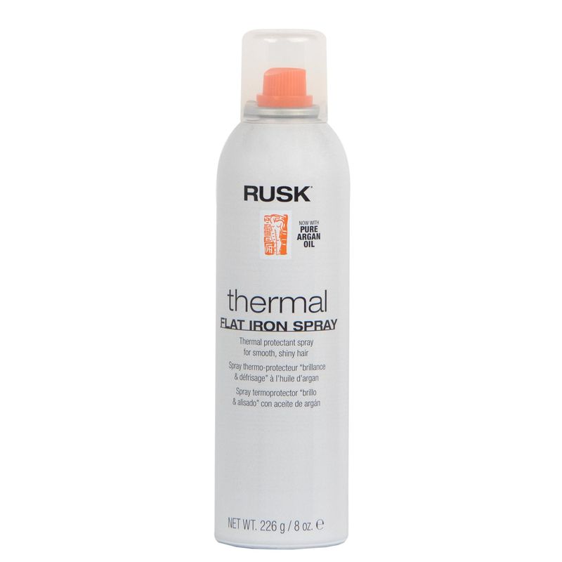 RUSK Designer Collection Thermal Flat Iron Spray with Argan Oil, Micro-Fine Spray, Eliminates Frizz, Leaves Hair Smooth and Sleek, 8 fl. oz.