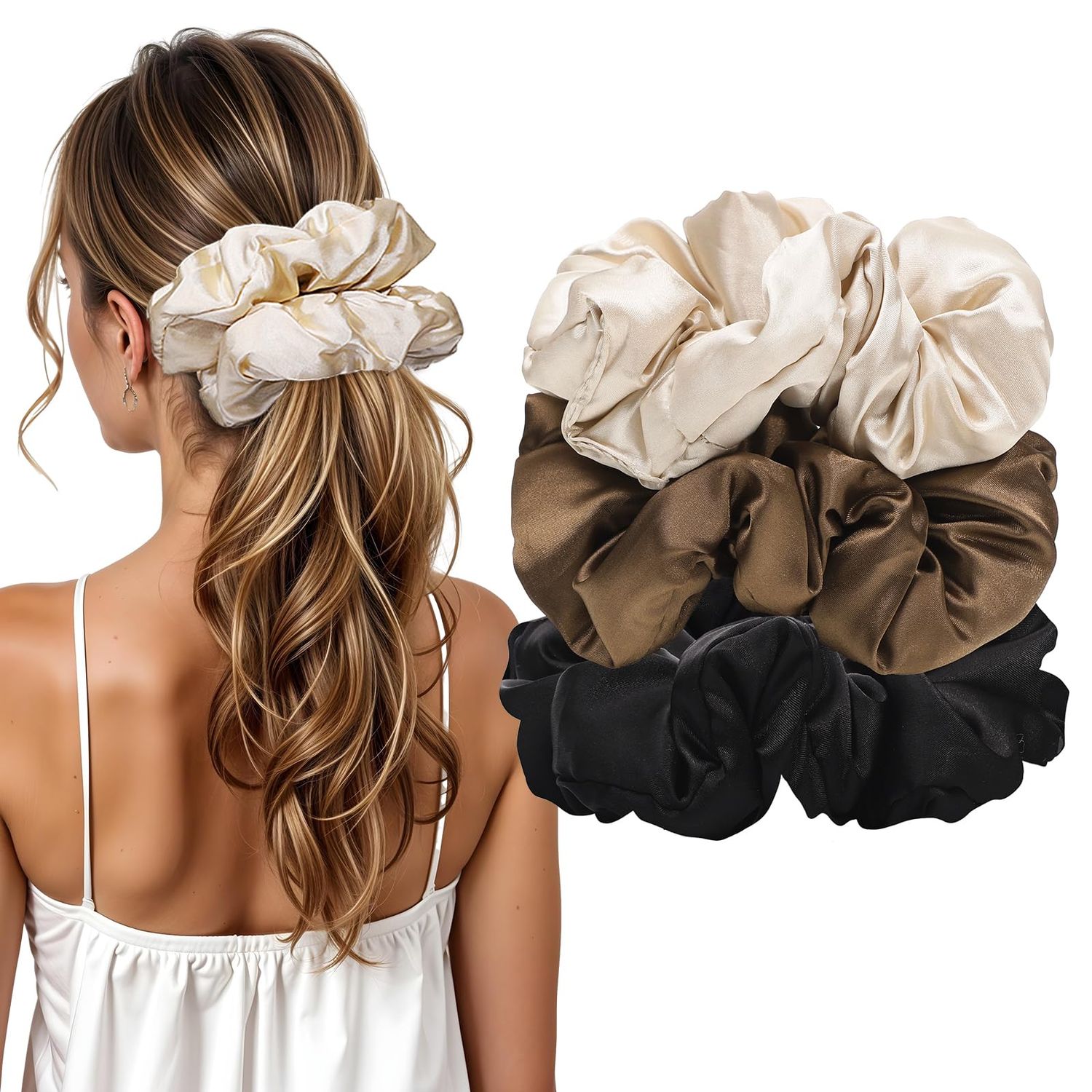 3Pcs Satin Hair Scrunchies, Satin Pillow Scrunchies for Women Girls Large Silk Sleepy Tie Scrunchie Ponytail Holders for Thick Curls Hair