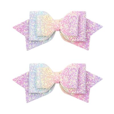 Multicolor Sparkling 5 Inch Glitter Hair Bows - Set of 2 Alligator Clips for Girls, Teens, Toddlers?Rainbow?