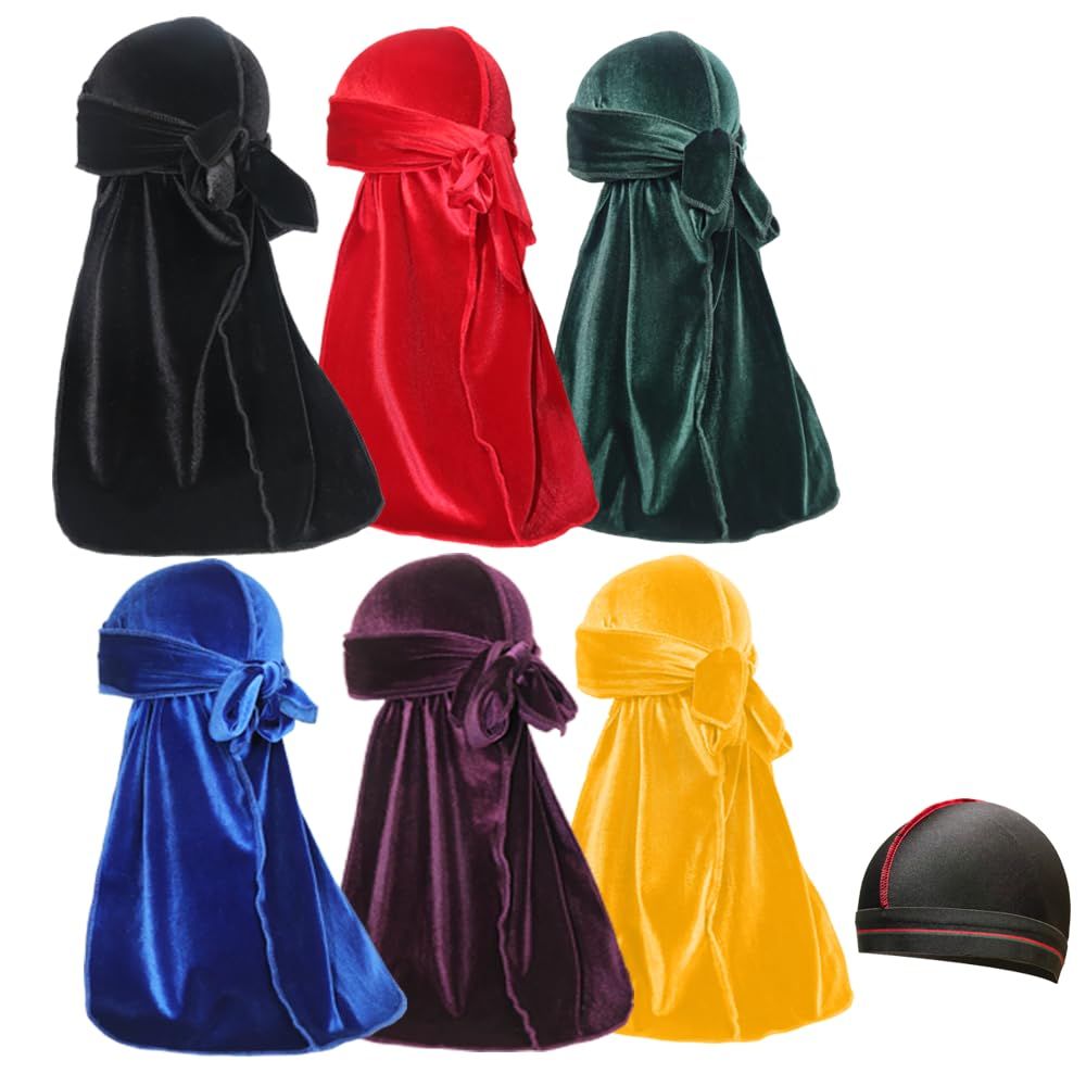 Velvet Durags for Men Wave Cap 6 Pieces Premium Do Rags Set for Men Women with Long Tail and Wide Strap (6 Colors)