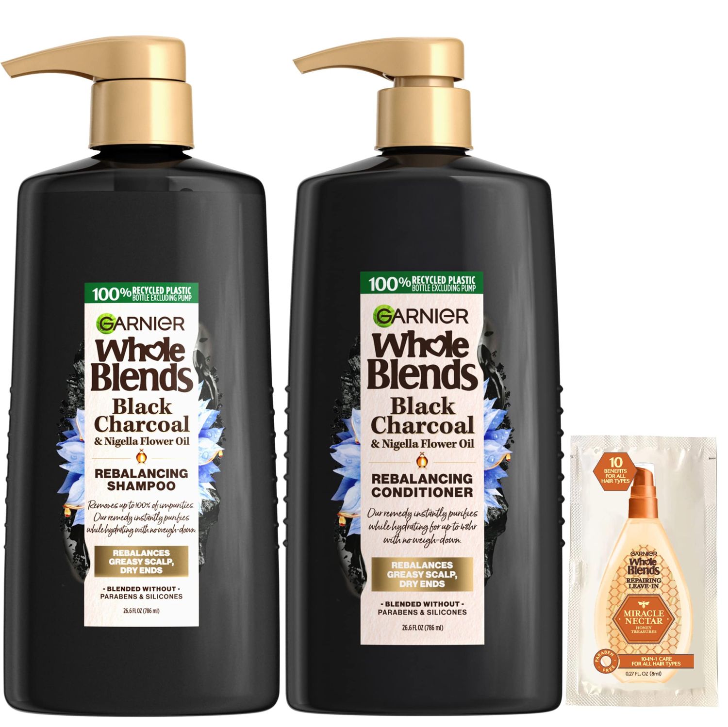 Garnier Whole Blends Black Charcoal &amp; Nigella Flower Oil Rebalancing Shampoo and Conditioner Set for Greasy Scalp &amp; Dry Ends with Sample, 26.6 Fl Oz, 1 Kit (Packaging May Vary)