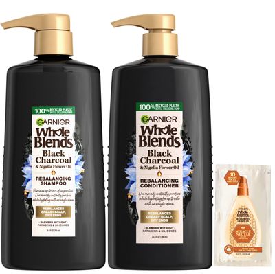 Garnier Whole Blends Black Charcoal &amp; Nigella Flower Oil Rebalancing Shampoo and Conditioner Set for Greasy Scalp &amp; Dry Ends with Sample, 26.6 Fl Oz, 1 Kit (Packaging May Vary)