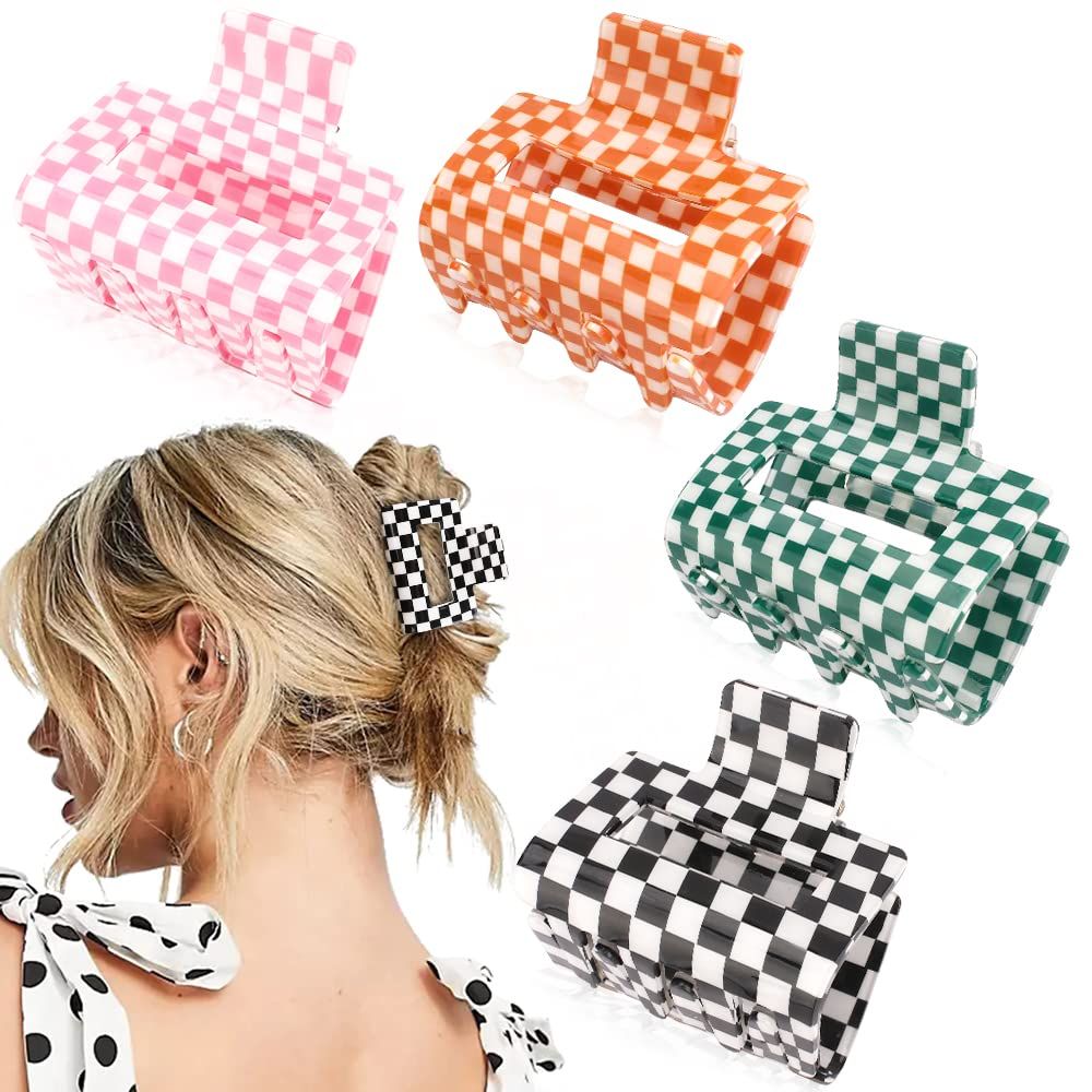 Ahoney 4 Pack Checkered Hair Claw Clips for Thin Hair Y2k Hair Accessories 2&quot; Small Hair Clips for Thick Hair Cute Hair Clips for Women Girls
