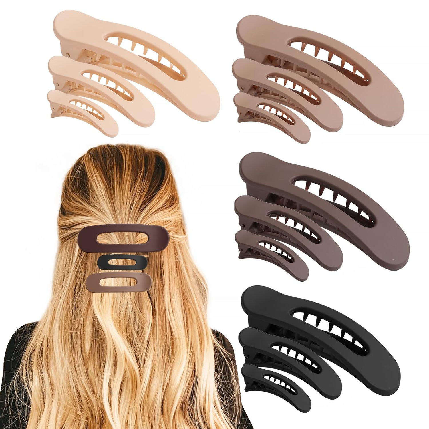 12PCS Flat Hair Clips, Flat Claw Clips for Thin Hair, Matte Lay Down Claw Clips for Women, 3 Sizes Alligator Hair Clips, Slide Hair Clips, Christmas Hair Accessories, Brown