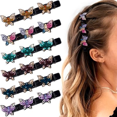 JYvivid 6 Pcs Sparkling Crystal Stone Braided Hair Clips, Rhinestone Duckbill Clips, Braided Hair Accessories for Styling Sectioning, Braided Hair Clips for Women
