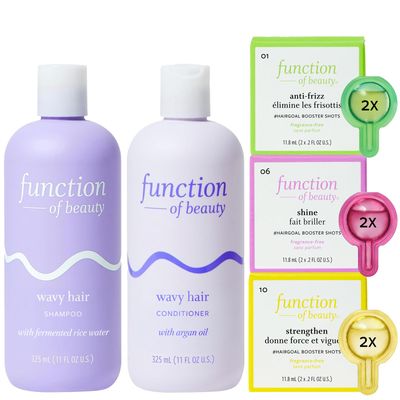 Function of Beauty Wavy Hair Shampoo + Conditioner (11 oz Each) + Shine, Strengthen, &amp; Anti-Frizz #HairGoal Boosters Set - Sulfate-Free, Formulated to Enhance Glossiness &amp; Natural Shine