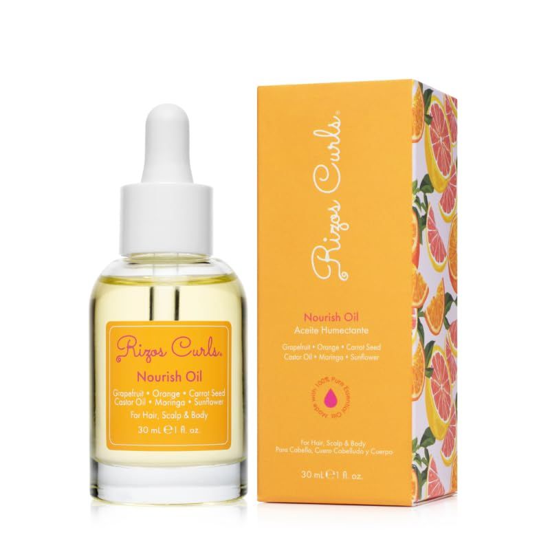 Rizos Curls Nourish Oil, Moisturize &amp; Soften, Smooth &amp; Shine for Frizz Free Hair, Lightweight and Quickly Absorbs, Improves Hair, Scalp &amp; Skin with Vitamin C, For All Hair Types 1a - 4c, 1 oz