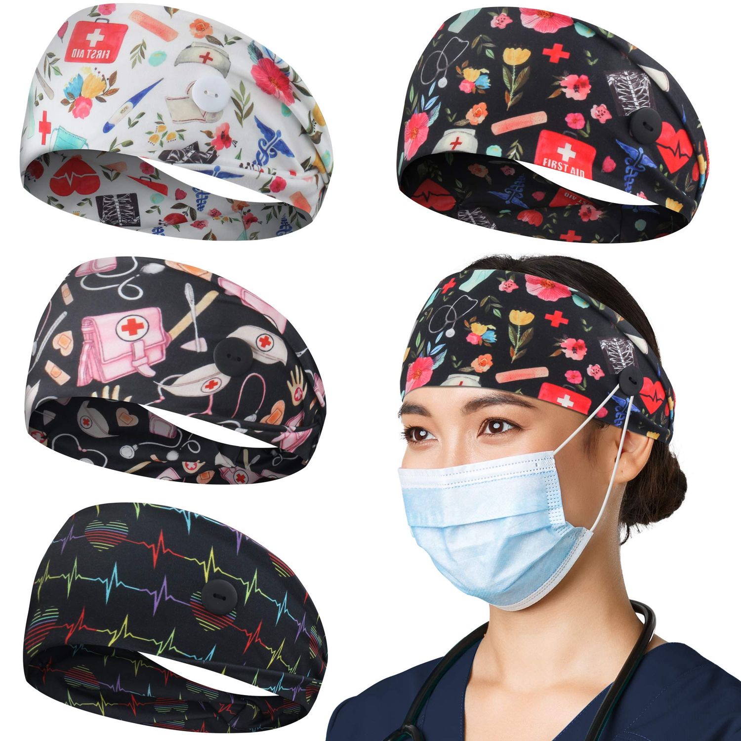 HoogaLife 4pcs Headbands With Buttons For Mask, Women&#39;s And Men&#39;s Turban Non-Slip Workout Headbands Hair Bands Protect Your Hair And Ears - Medical Set