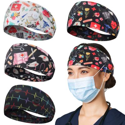 HoogaLife 4pcs Headbands With Buttons For Mask, Women&#39;s And Men&#39;s Turban Non-Slip Workout Headbands Hair Bands Protect Your Hair And Ears - Medical Set