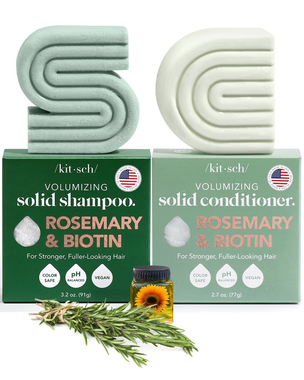 Kitsch Rosemary &amp; Biotin Shampoo and Conditioner Bar Set for Thinning Hair - Volume Shampoo &amp; Conditioner Bar for Men and Women, Hair Thickening &amp; Regrowth Combo, Paraben Free, Made in USA - 2pcs