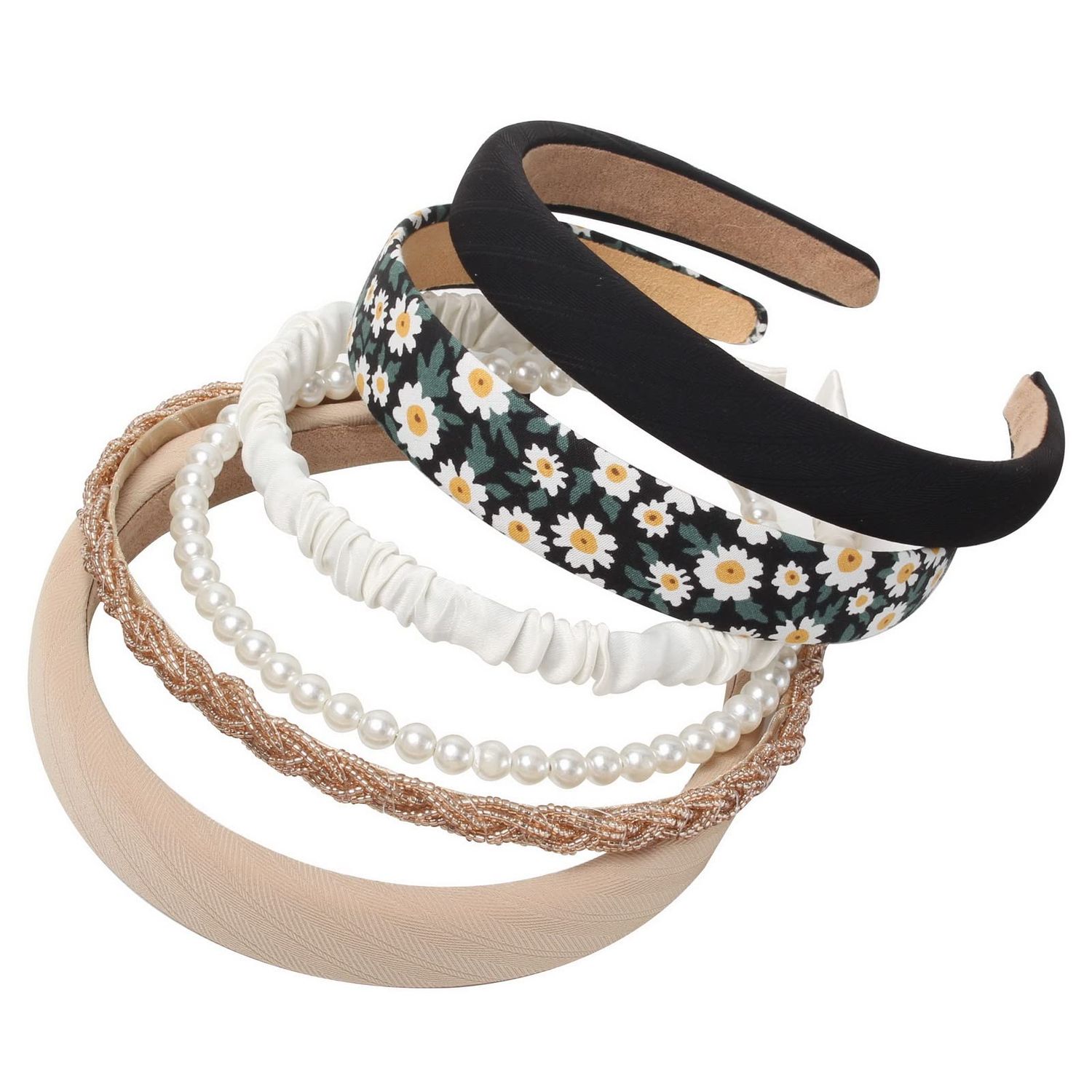 6PK Different Designs Headbands for Women Non Slip Flower Black White Solid Headband Set Cute Pearl Hair Band for Girls Twisted Hairband