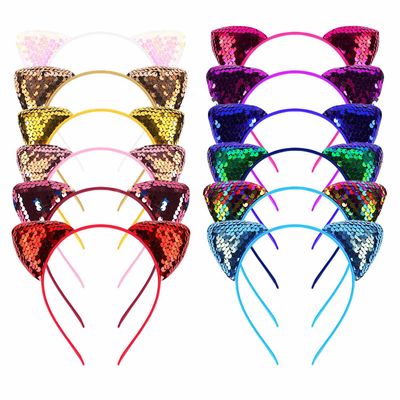 12 Pack Sequin Cat Ears Headband for Women Glitter Hair Accessories for Party Decoration &amp; Daily Wearing Reversible Sequins Headbands with Cute Ear Shiny Kitty Hairband Cat Ear Hair Hoops (Multicolor)