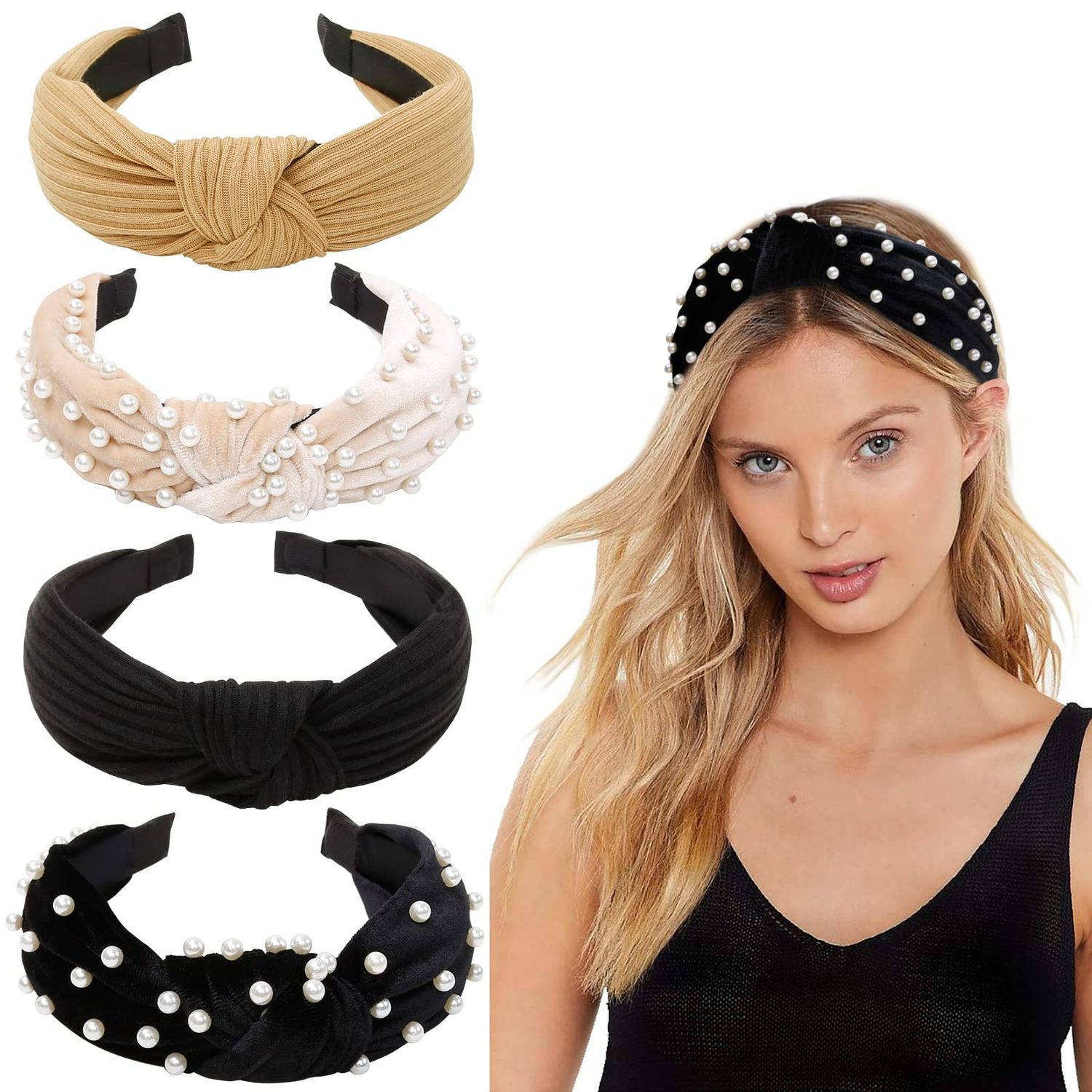 WOVOWOVO Headbands for Women Girls Knotted Wide Pearl head band Top Knot Head Bands for Womens Hair Thick Headband Velvet HairBands 4Pcs